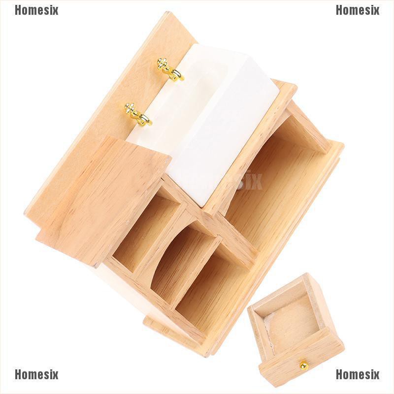 [HoMSI] 1/12 Miniature Wooden Wash Basin Cabinet with Ceramic Hand Sink for Dollhouse SUU