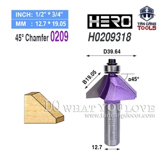 Mũi router hero vát 45 độ 19.05 mm cốt 12.7 mm