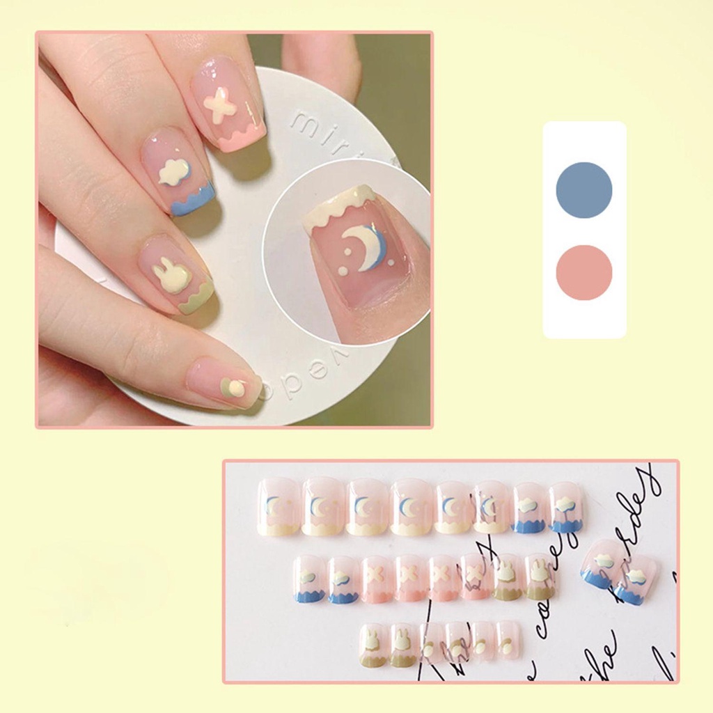 Hộp 24 Móng Tay Giả Ngắn / Tròn / Vuông / Trái Tim / Nơ Xinh Xắn