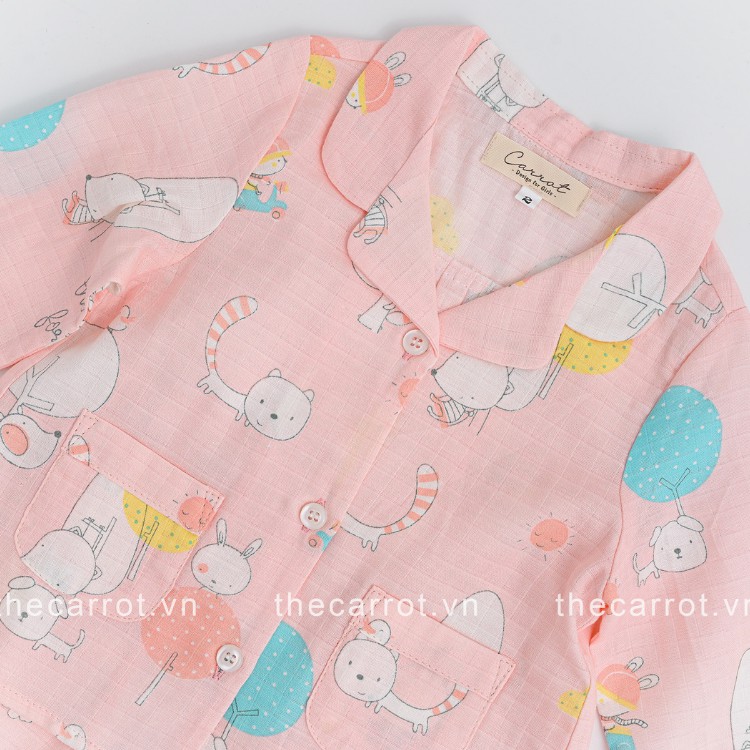 Bộ dài tay bé gái CARROT pijama, hoạ tiết cún trắng đáng yêu, chất Xô tre mềm thoáng mát, thấm hút mồ hôi tốt