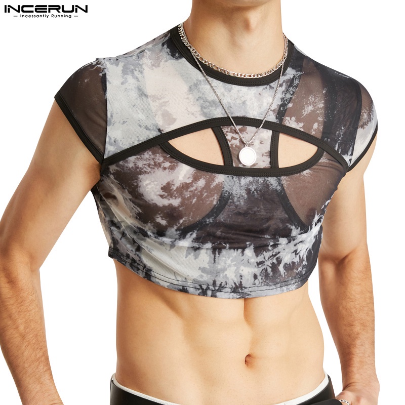 INCERUN Áo Thun Tay Ngắn Dáng Ôm Màu Xanh Xuyên Thấu Thời Trang Cho Nam