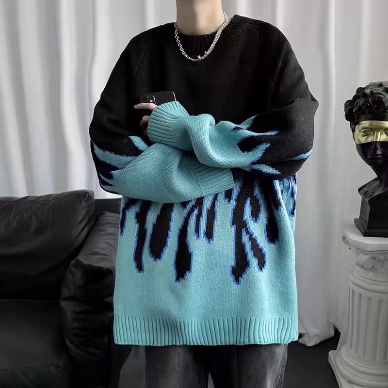 Áo len ngọn lửa xanh phối màu đen + xanh dương dáng raglan chất dệt kim 100% unisex Ulzzang siêu chất 🌈