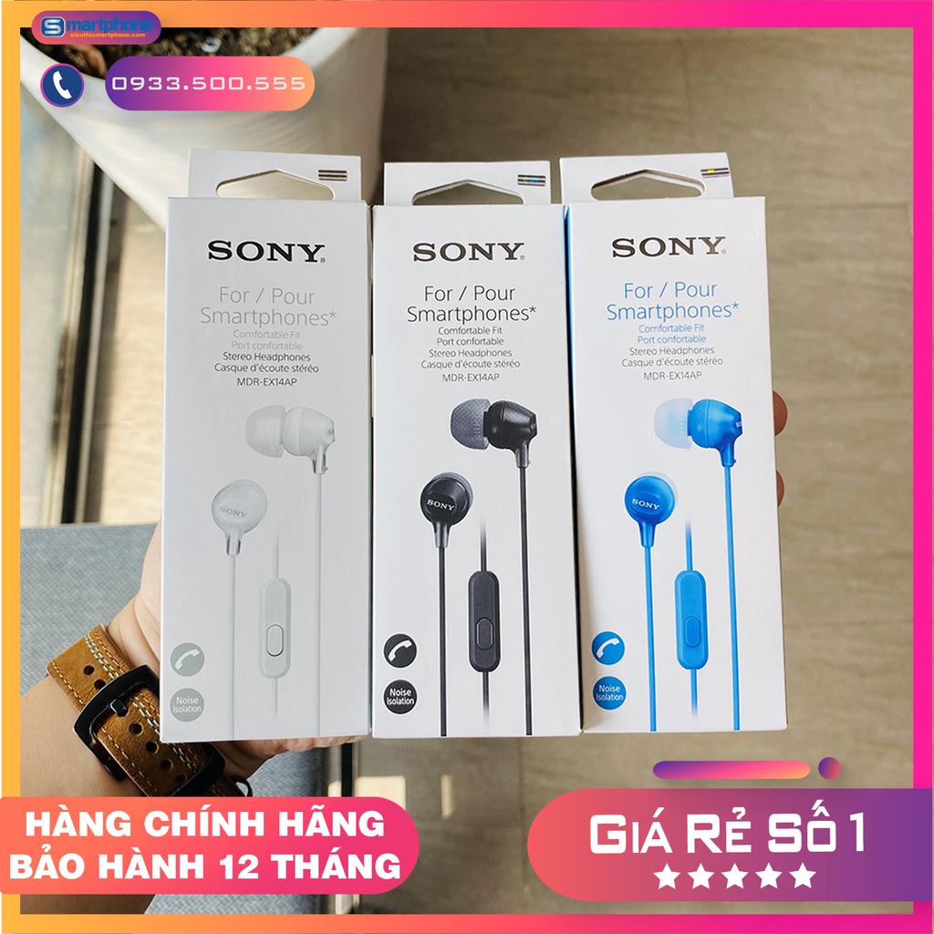 Tai nghe dây Sony có mic, jack 3.5mm MDR-EX14AP chống ồn cực tốt dành cho game thủ - Hàng Fullbox 100% BH 12 tháng
