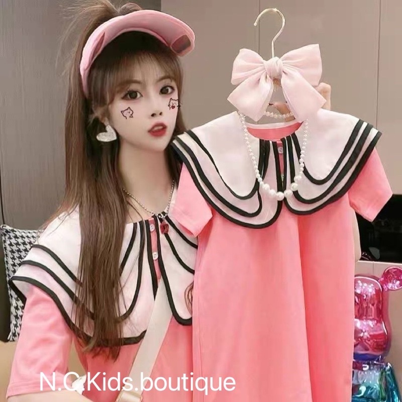 Váy đầm hồng viền đen trắng bánh bèo cho bé gái