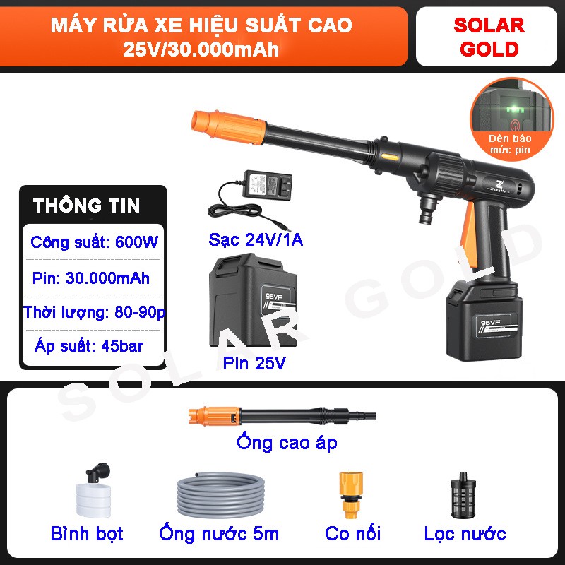 Máy rửa xe dùng pin Zhonghui, sử dụng liên tục 80 phút, tuổi thọ cao, 25V/2.5Ah/600W, áp lực nước 45 bar - BH 6 tháng