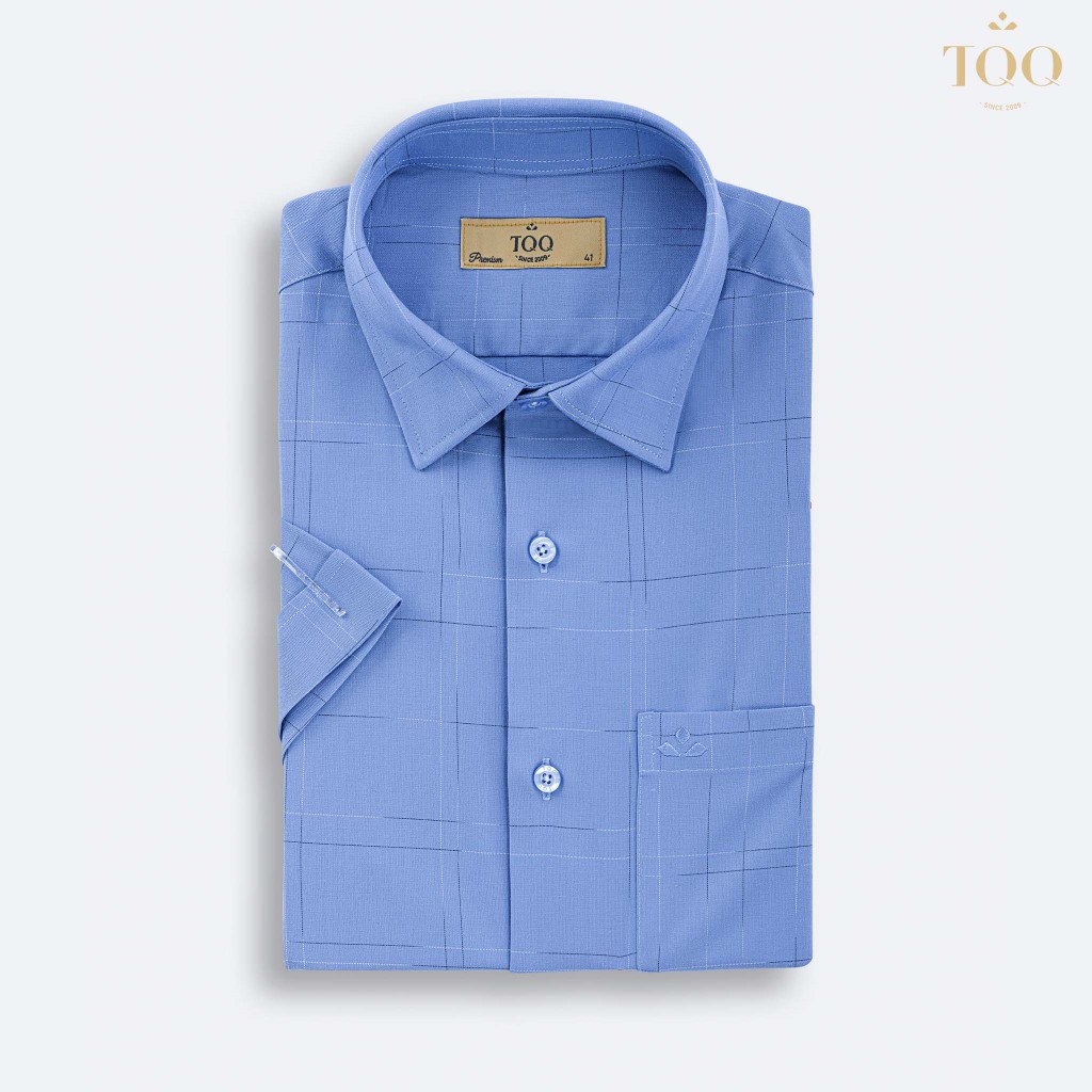 Áo sơ mi ngắn tay TQQ dáng Slimfit Công Sở chất cotton cao cấp màu xanh biển K233CB vạt ngang có túi ngực