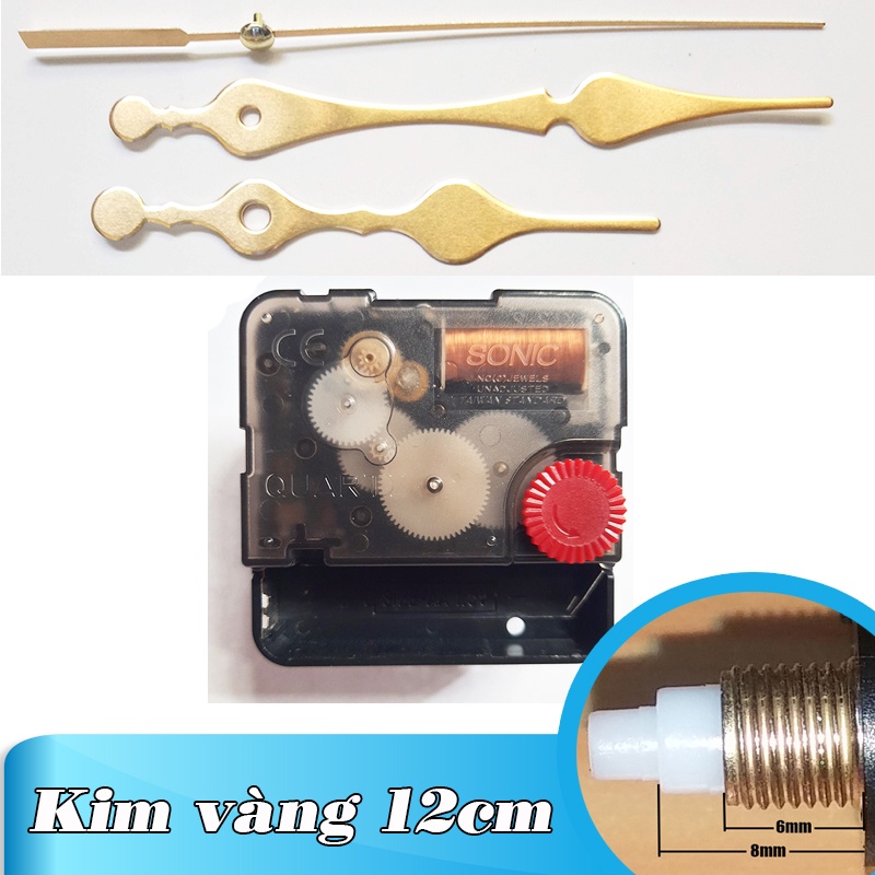 Máy đồng hồ treo tường đài loan kim trôi loại tốt và bộ kim 12cm vàng ánh