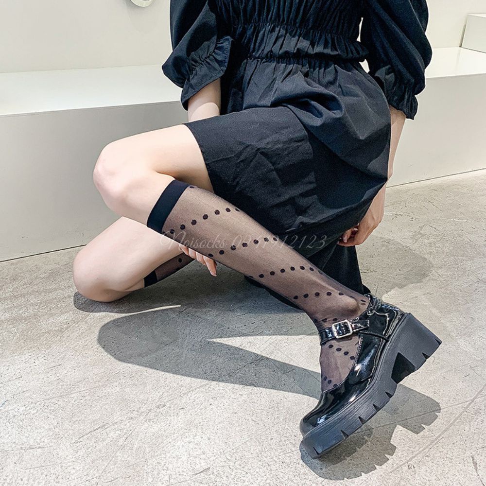 [Sỉ lẻ] Tất, vớ mỏng tới bắp chân thêu họa tiết Chấm Bi Leo, phong cách lolita, vô cùng dễ thương, sành điệu và cá tính