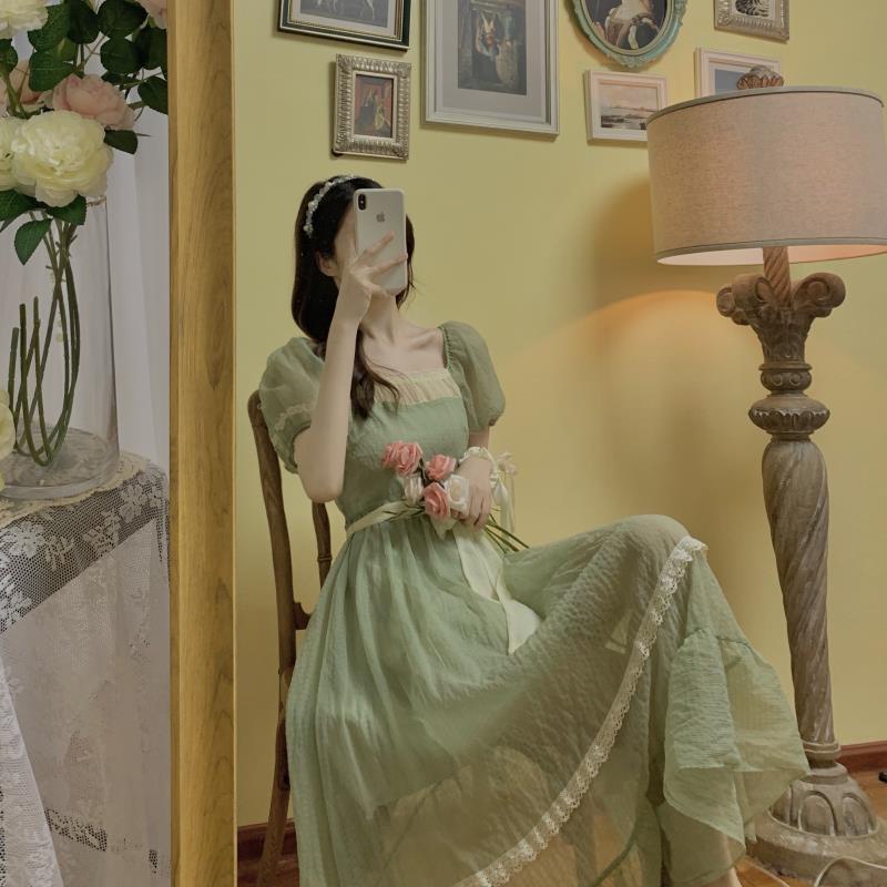 Đầm Công Chúa Dáng Dài Cổ Vuông Màu Xanh Lá Thời Trang Mùa Hè Hàng Mới Dành Cho Bạn Nữ