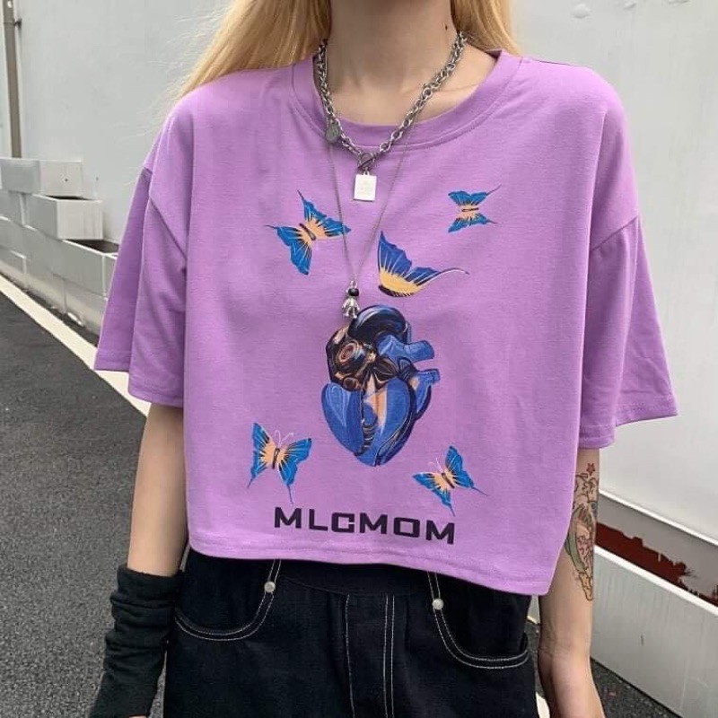 Áo croptop nữ in hình (tím/xanh)