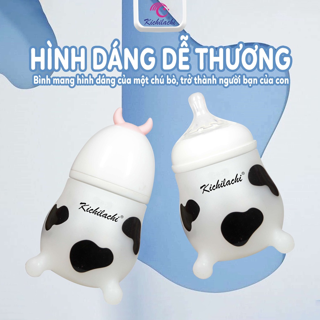 Bình sữa silicon hình bò sữa Kichilachi chính hãng núm ti silicon siêu mềm cho bé 180ml/ 260ml