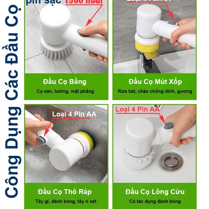 Máy cọ rửa cầm tay đa năng sạc USB, bàn chải vệ sinh nhà bếp, bồn rửa mặt, đánh bóng giày với 3 đầu thay thế tiện lợi