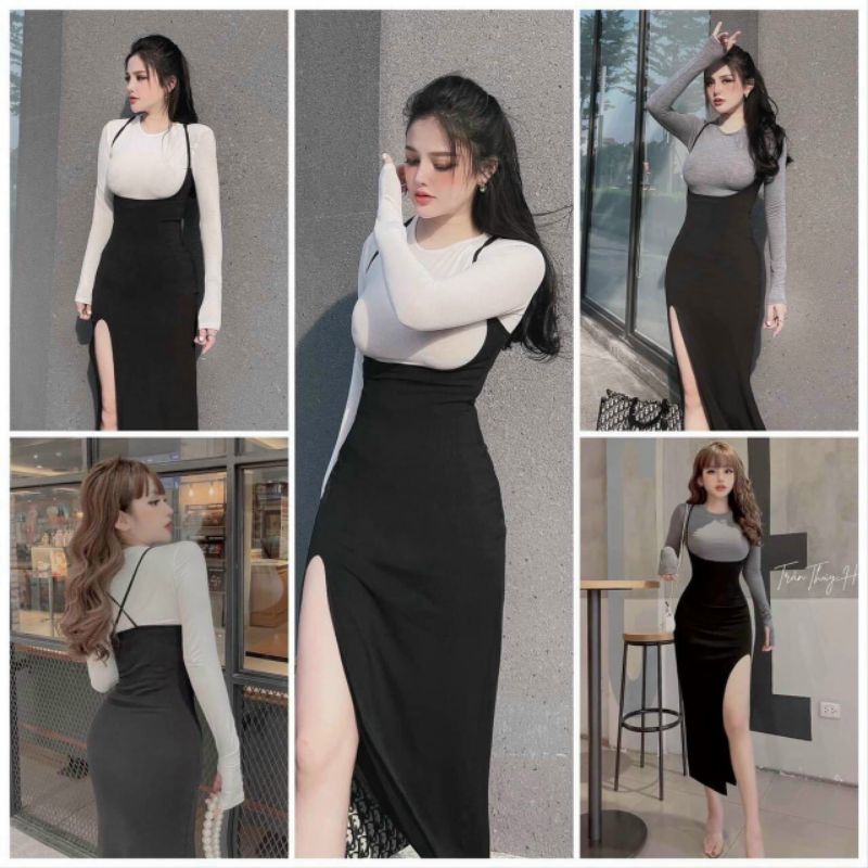 Set Thun Áo Tay Dài Và Váy Yếm Hai Dây Dáng Dài Xẻ Tà Sexy