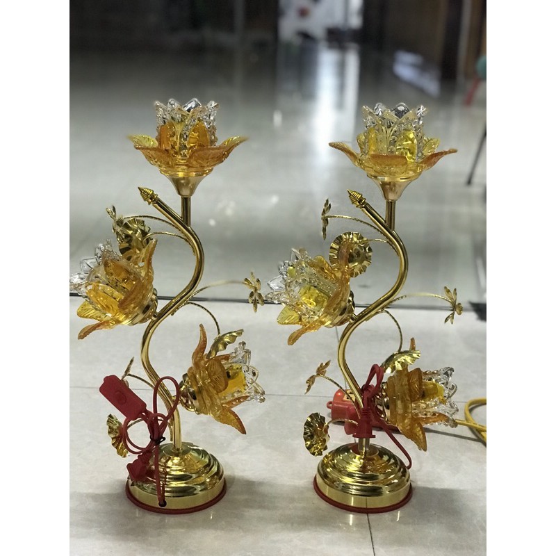 Lẻ 1 Chiếc Đèn thờ thuỷ tinh LED hoa sen 3 bông cao 50cm