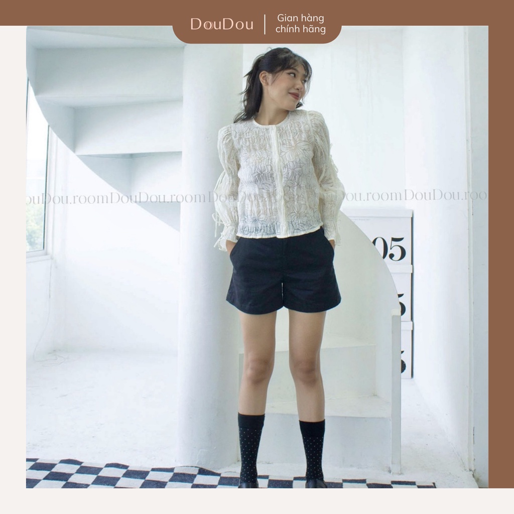 Quần Lưng Cao Nữ Thương Hiệu DouDou, Quần Shorts Nữ Ống Rộng Màu Đen Phong Cách Năng Động, Cá Tính