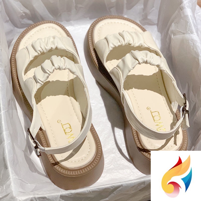 Giày Sandal Đế Xuồng Dày Mùa Hè 2 Quai Da Mềm Phong Cách Hàn Quốc Cổ Điển Cho Nữ 022