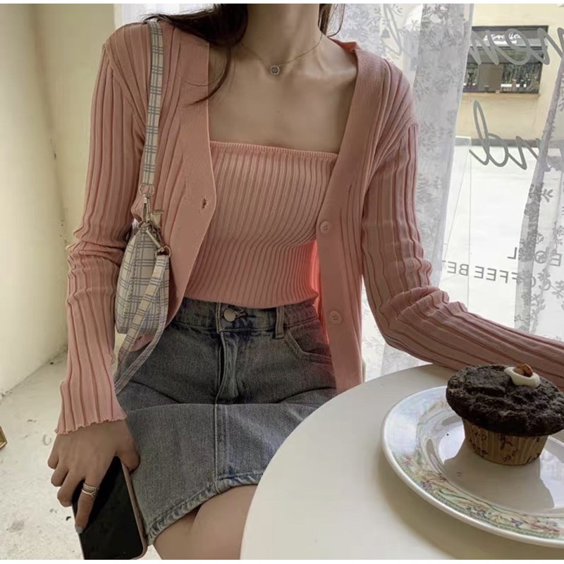 Set Áo Len 2 Dây Tăm + Cardigan Sọc To ❤️ Freeship❤️