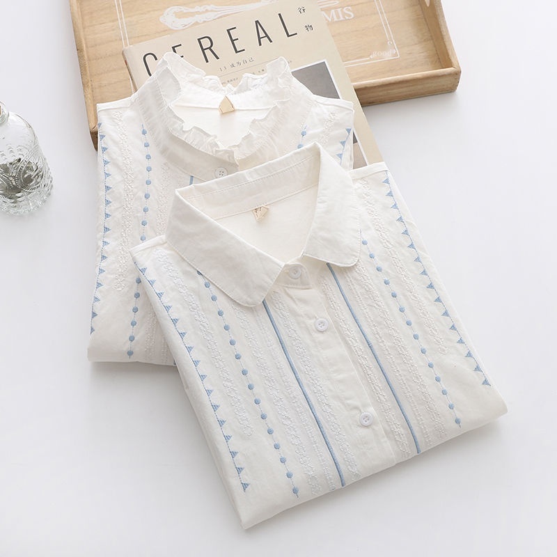 Áo Sơ Mi Trắng Tay Dài Chất Cotton Hoạ Tiết Thêu Thiết Kế Thanh Lịch