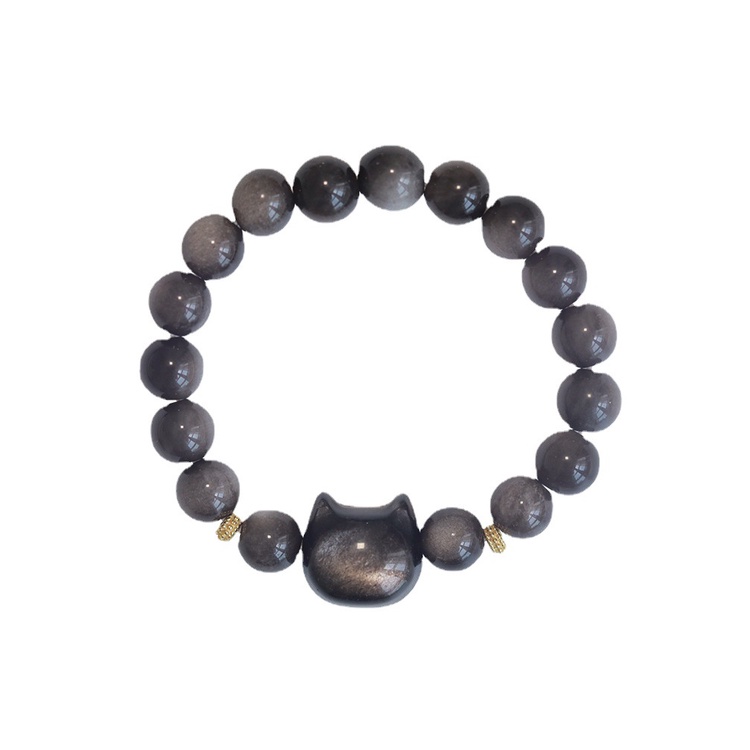 [Hàng Mới] Vòng Đeo Tay Chuỗi Hạt Đá Obsidian Hình Đầu Mèo Độc Đáo