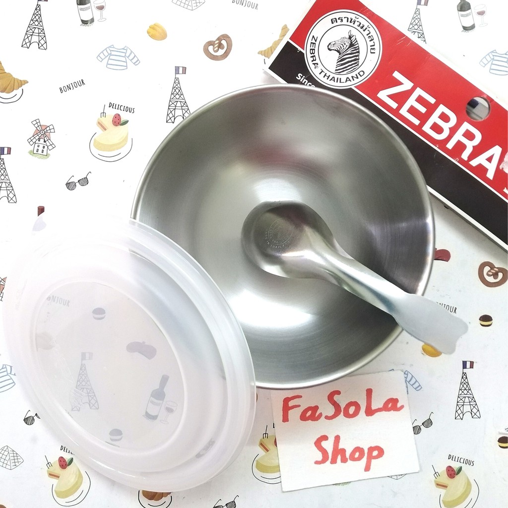 Bộ bát thìa bé tập ăn dặm ZEBRA Thái Lan hai lớp inox nhựa có nắp thìa chén