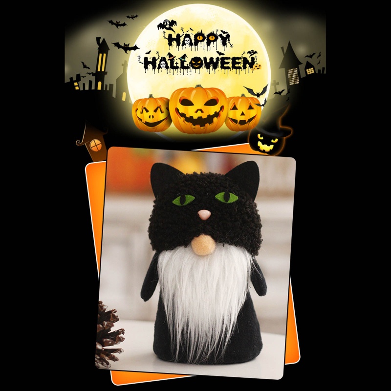 Phụ Kiện Khay Trang Trí Halloween Hình Chú Mèo Đen Đội Mũ Elf Dwarf