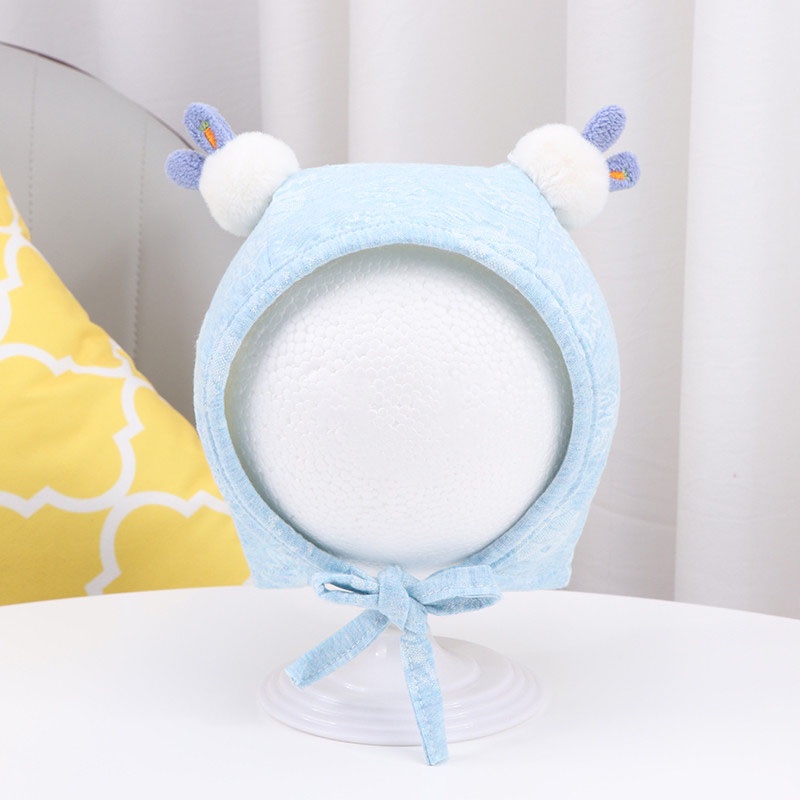 Mũ beanie mềm mại đính quả bông và tai thỏ hoạt hình dễ thương thời trang thu đông tùy chọn màu sắc dành cho bé