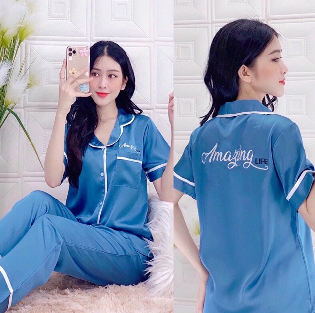 ĐỒ BỘ MẶC NHÀ TAY NGẮN QUẦN DÀI PIJAMA SATIN LỤA  THÊU LƯNG SIÊU ĐẸP