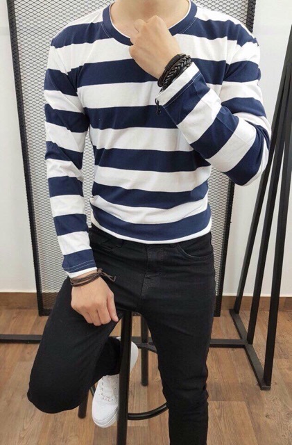 Áo thun nam dài tay thời trang sọc ngang cổ tròn