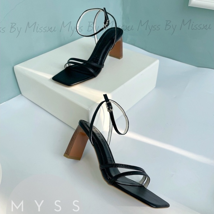 Giày sandal nữ quai ngang mảnh 2 dây gót trụ gỗ 7 cm da thật cao cấp MYSS - SDDT05