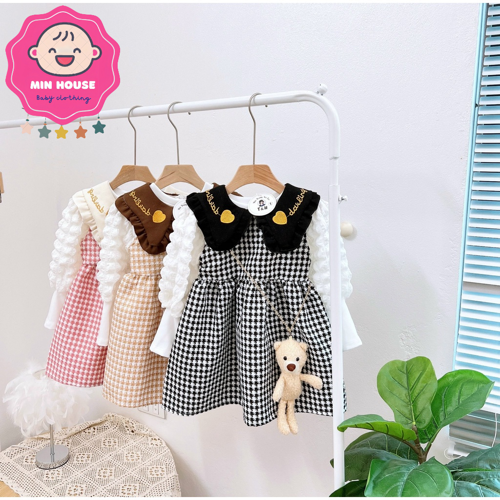 Set váy dạ phối áo nỉ mềm tay xốp kèm túi gấu cho bé gái