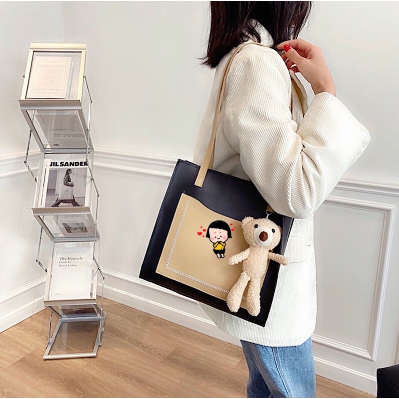 túi da kèm gấu , túi tote da dày dặn chắc chắn