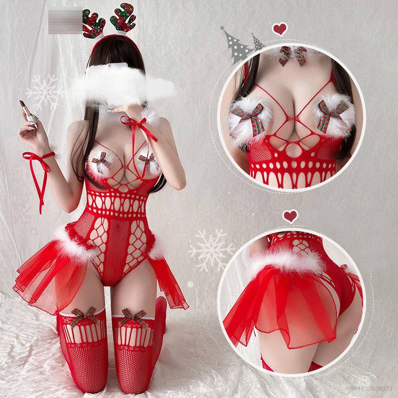 Bộ đồ lót một mảnh phối lưới hóa trang giáng sinh gợi cảm cho nữ