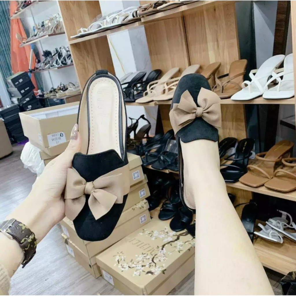 Dép sục da lộn 2 màu thắt nơ 002