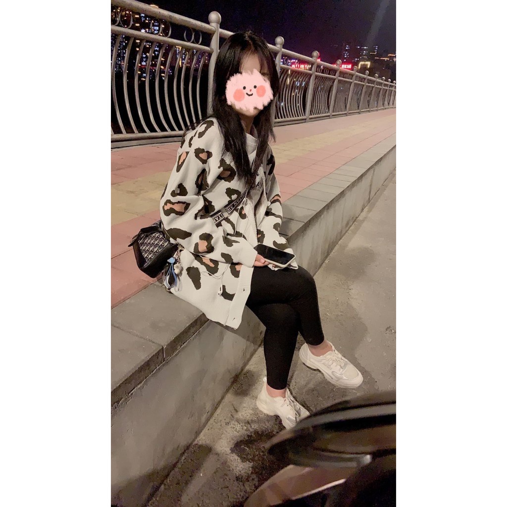 [FASHIONGREEN94] Áo khoác cardigan len họa tiết da báo dáng dài