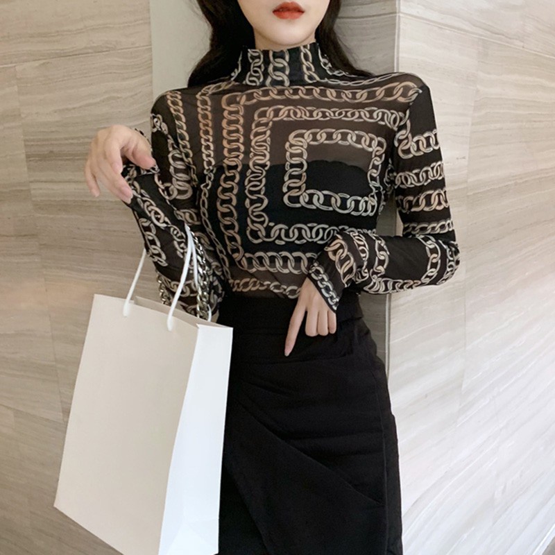 Áo Thun Lưới Tay Dài Xuyên Thấu In Họa Tiết Dây Xích Gợi Cảm Thời Trang Hàn Quốc Cho Nữ