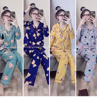 Bộ bầu, bộ sau sinh dài tay có khóa ti cho con bú, chất thô lụa siêu xinh cổ pizama, quần có chun điều chỉnh bụng