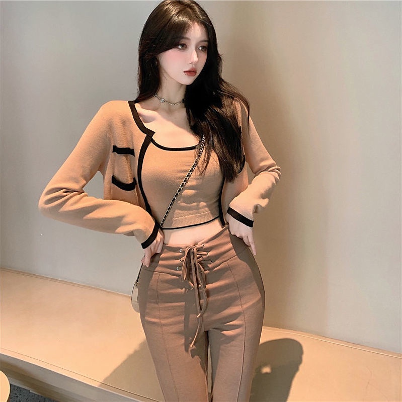 Knitwear Women's Short Long Sleeve Jacket 2021 Autumn New Coffee Temperament Cardigan Two-piece Top [Delivery within 15 Days]