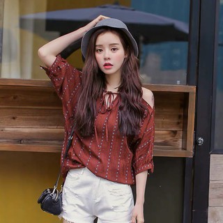 Áo sơ mi hở vai thắt nơ Hàn Quốc