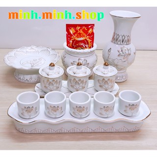 Combo đồ thờ cúng sen trắng nổi size nhỏ: lư sen trắng, bình sen trắng, dĩa trái cây,...