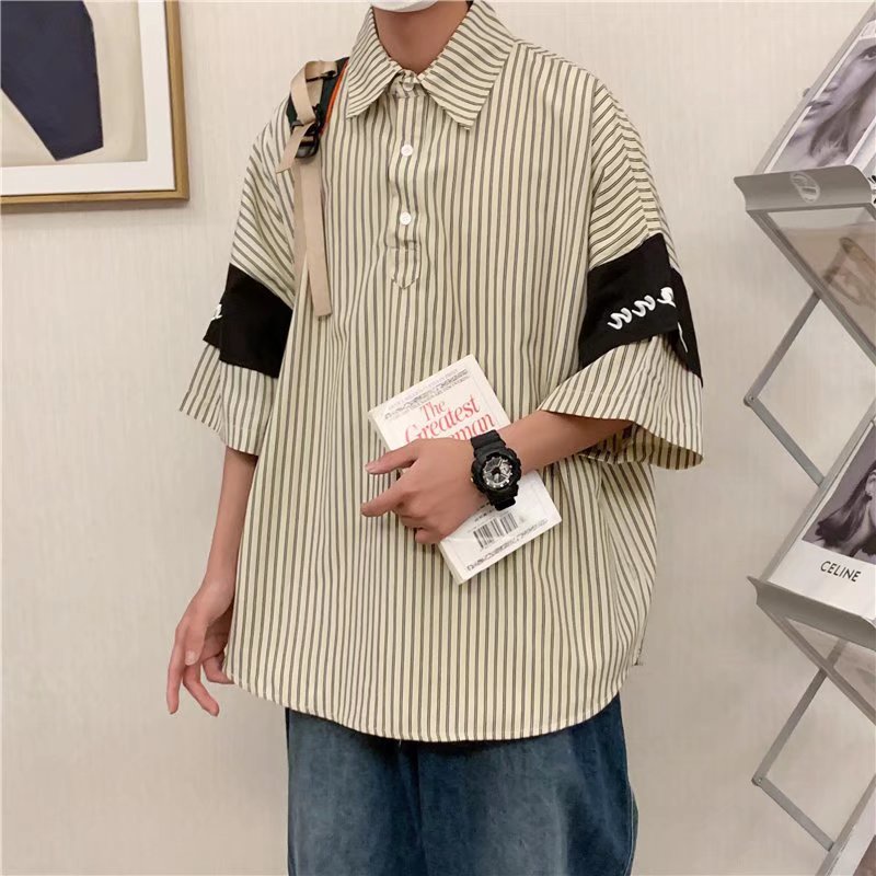 Áo polo Ngắn Tay Dáng Rộng Kẻ Sọc Thời Trang Mùa Hè Phong Cách Nhật Bản Cho Nam