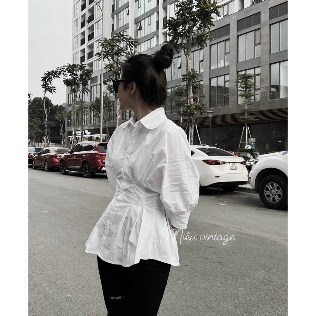 Áo sơ mi trắng nữ tay lỡ cánh dơi chiết ly eo ATN723