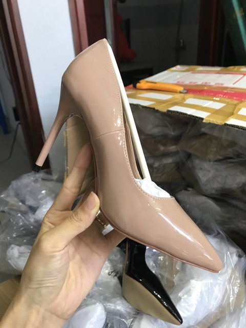 Giày cao gót bít mũi da bóng trơn gót nhọn cao 9p [m50]