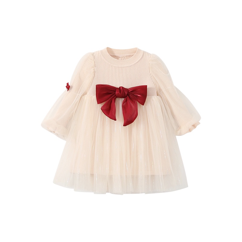 Váy thu đông bé gái, váy len nhung phối ren nơ đỏ chất siêu mềm cho bé