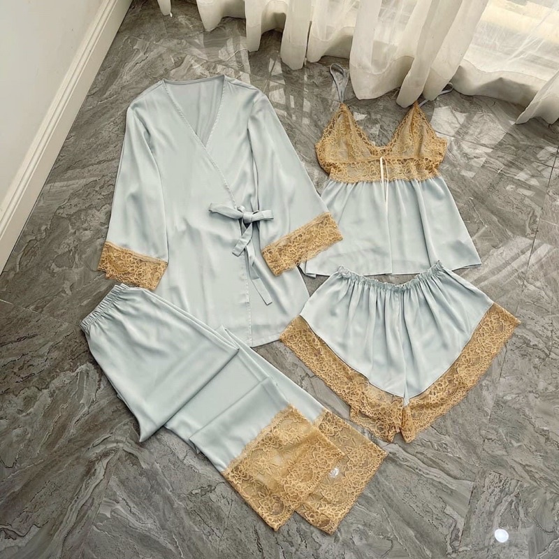 🌱Hàng quảng châu🌱Bộ Set 4 chi tiết lụa phối ren xịn_satin cao cấp 39.
