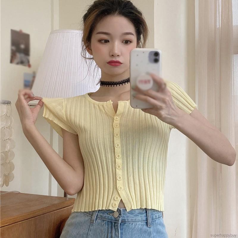 Áo Croptop Dệt Kim Tay Ngắn Màu Trơn Thiết Kế Đơn Giản Hợp Thời Trang