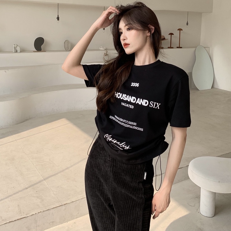 Áo Thun Tay Ngắn Dáng Rộng Phối Dây Rút Thời Trang Trẻ Trung Cho Nữ