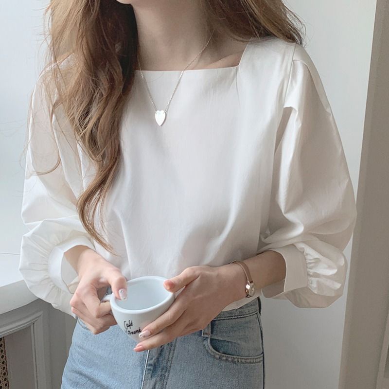 Áo Sơ Mi Cổ Vuông Tay Dài Màu Trơn Dáng Rộng Phong Cách Retro Cho Nữ
