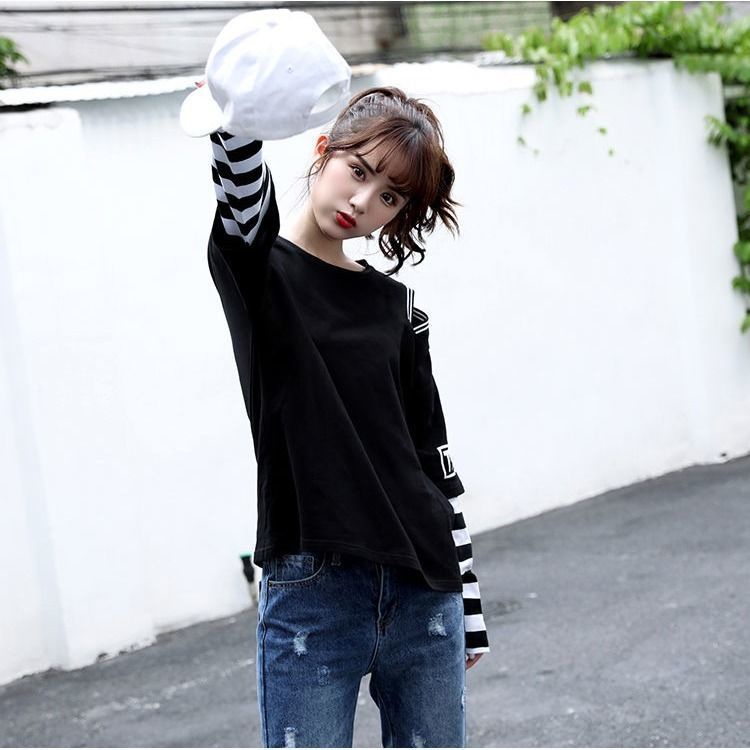 Áo Thun Dài Tay Giả Hai Lớp Họa Tiết Kẻ Sọc Phong Cách Hàn Quốc 2022 Cho Nữ