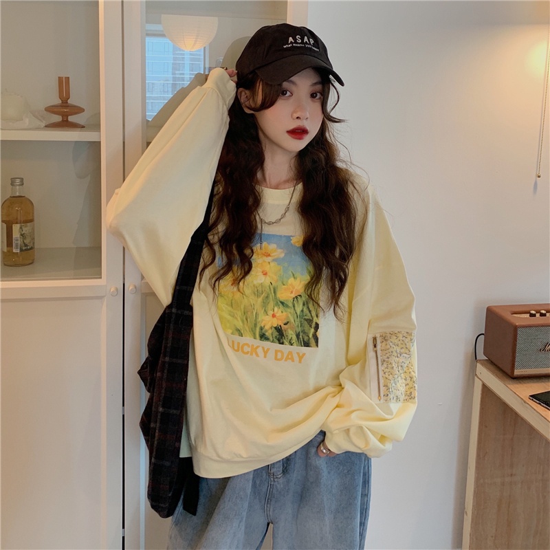 SUXI Áo Thun Sweater Thể Thao Tay Dài Cổ Tròn Dáng Rộng In Họa Tiết Thời Trang Mùa Thu