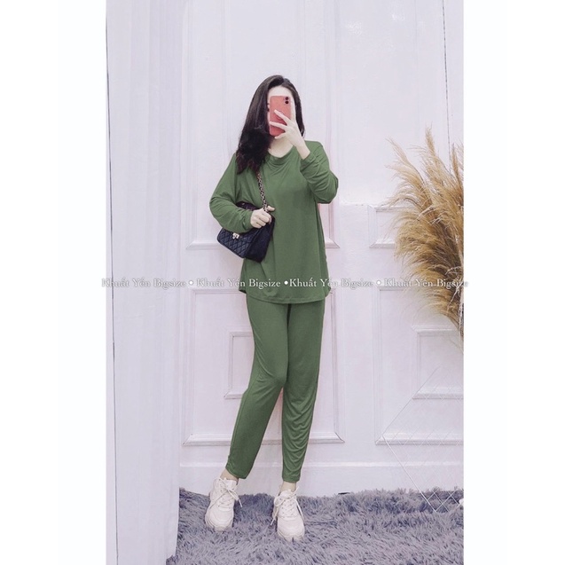 Set bộ nữ thun lạnh ủ kem tay dài form rộng co giãn ❤Khuất Yến Bigsize❤chất thun lạnh mềm mát mặc nhà bầu bí bon chen